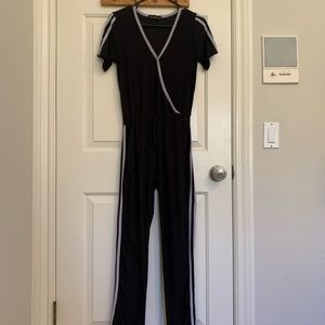 Wrap Front Black Jumpsuit with Side Stripes